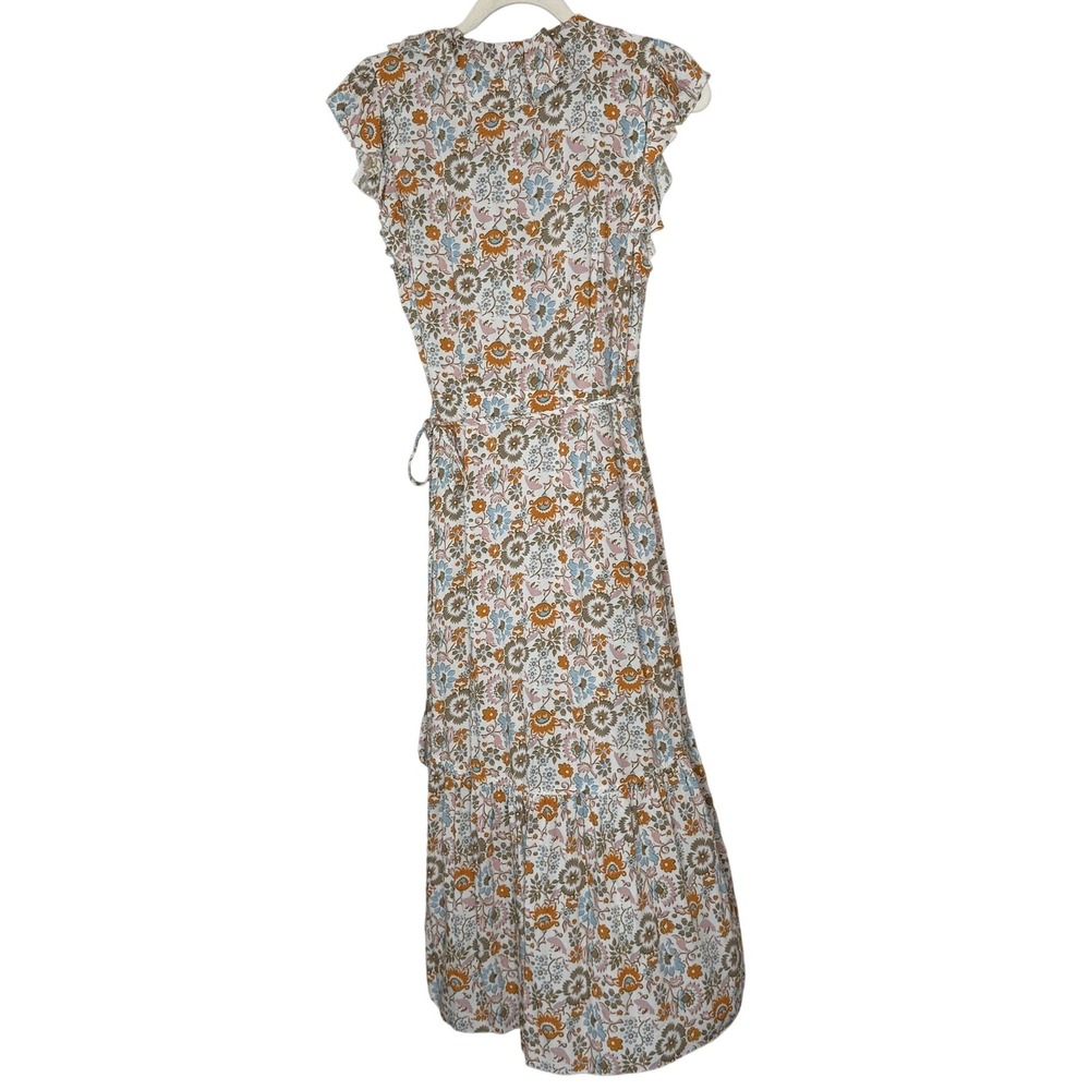 Faherty Floral Print Ruffle Sleeve Carmen Wrap Midi Dress Size Small Cottagecore - Picture 2 of 15